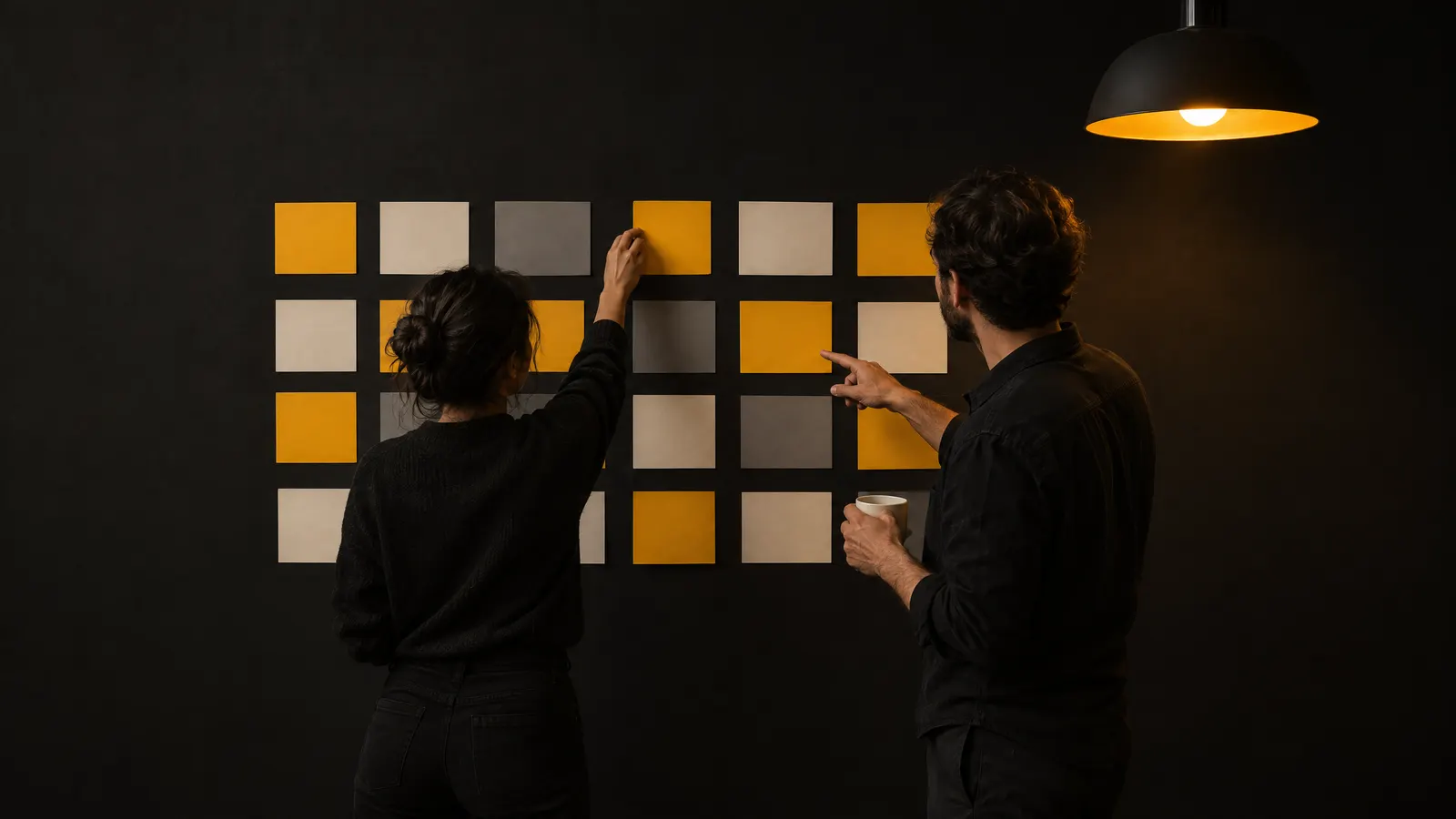 Two people arranging a grid of blank amber, white and grey cards on a dark wall under a pendant lamp.
